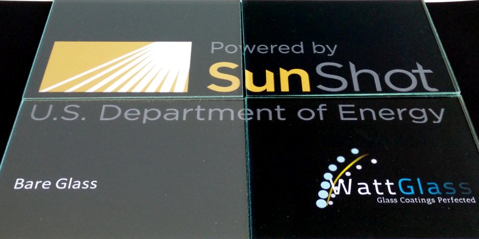 Four glass panes over a printed SunShot logo: the two bare panes on the left look hazy with reflected light, and the two coated panes on the right look dark and clear